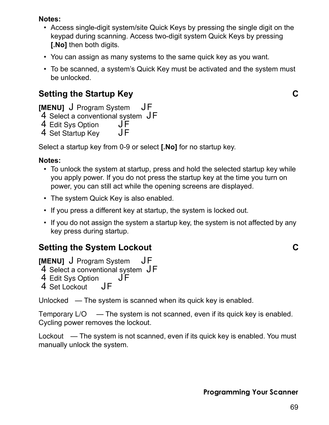 Uniden BCD996T manual Setting the Startup Key, Setting the System Lockout, Edit Sys Option JF Set Startup Key JF 