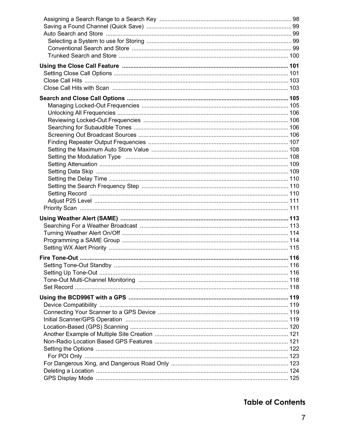 Uniden BCD996T manual Table of Contents 