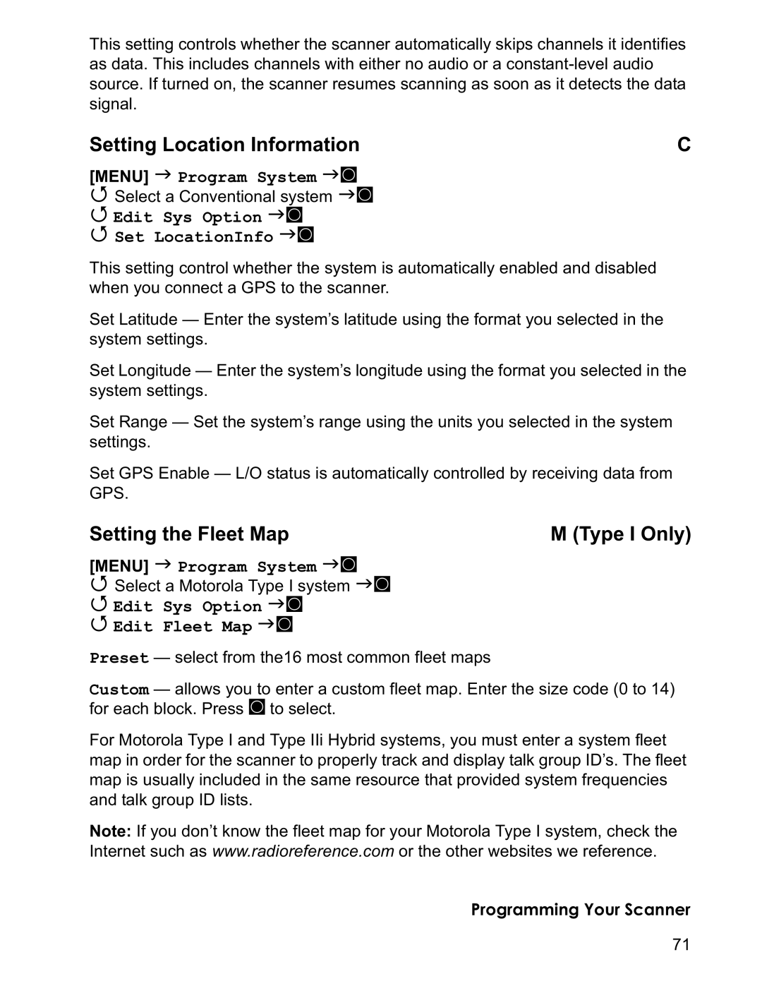 Uniden BCD996T Setting Location Information, Setting the Fleet Map Type I Only, Edit Sys Option JF Set LocationInfo JF 