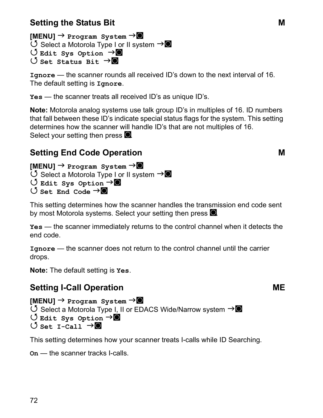 Uniden BCD996T manual Setting the Status Bit, Setting End Code Operation, Setting I-Call Operation 