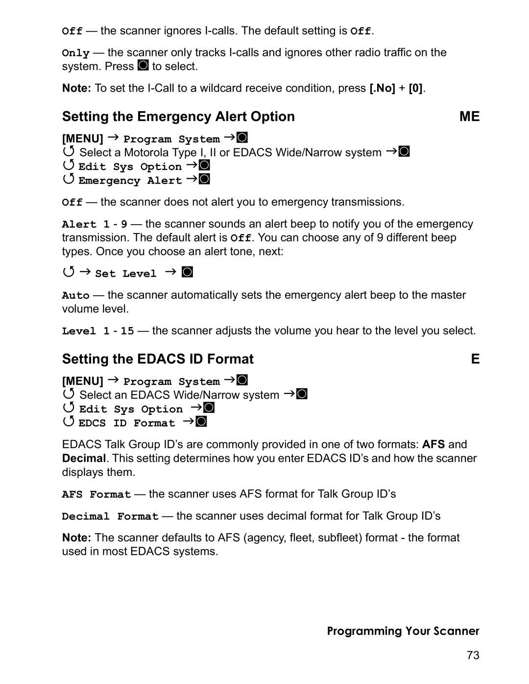 Uniden BCD996T Setting the Emergency Alert Option, Setting the Edacs ID Format, Edit Sys Option JF Emergency Alert JF 