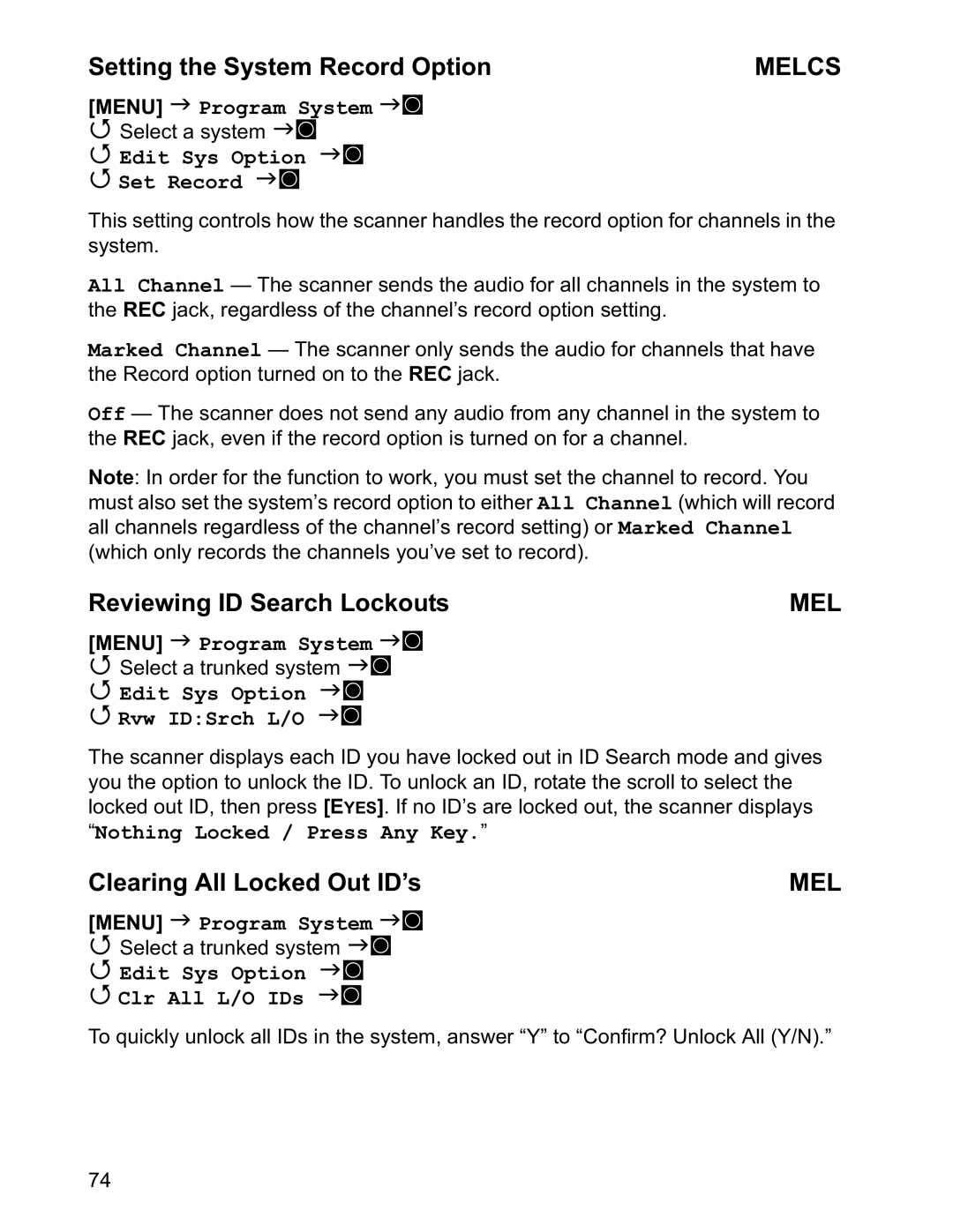 Uniden BCD996T manual Setting the System Record Option, Reviewing ID Search Lockouts, Clearing All Locked Out ID’s 