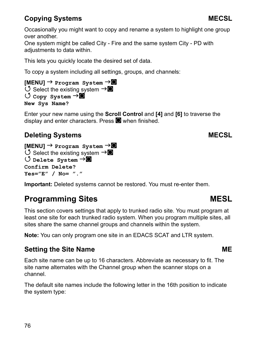 Uniden BCD996T manual Programming Sites, Copying Systems, Deleting Systems, Setting the Site Name 