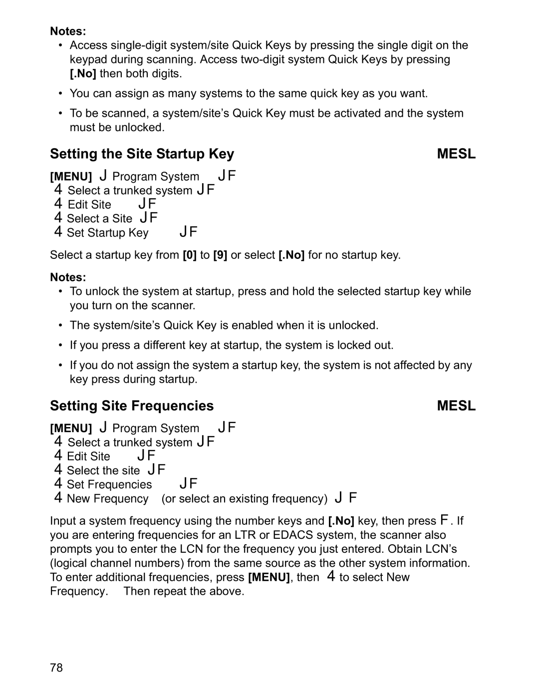 Uniden BCD996T manual Setting the Site Startup Key, Setting Site Frequencies, Set Frequencies JF 