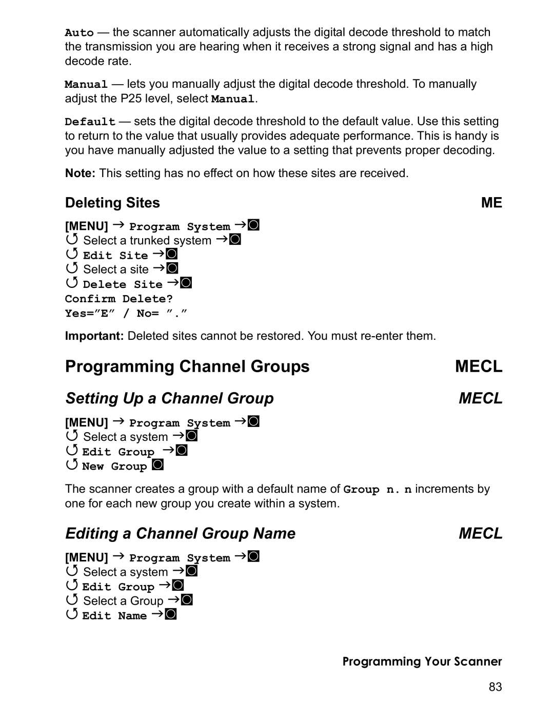 Uniden BCD996T manual Setting Up a Channel Group, Editing a Channel Group Name, Deleting Sites 