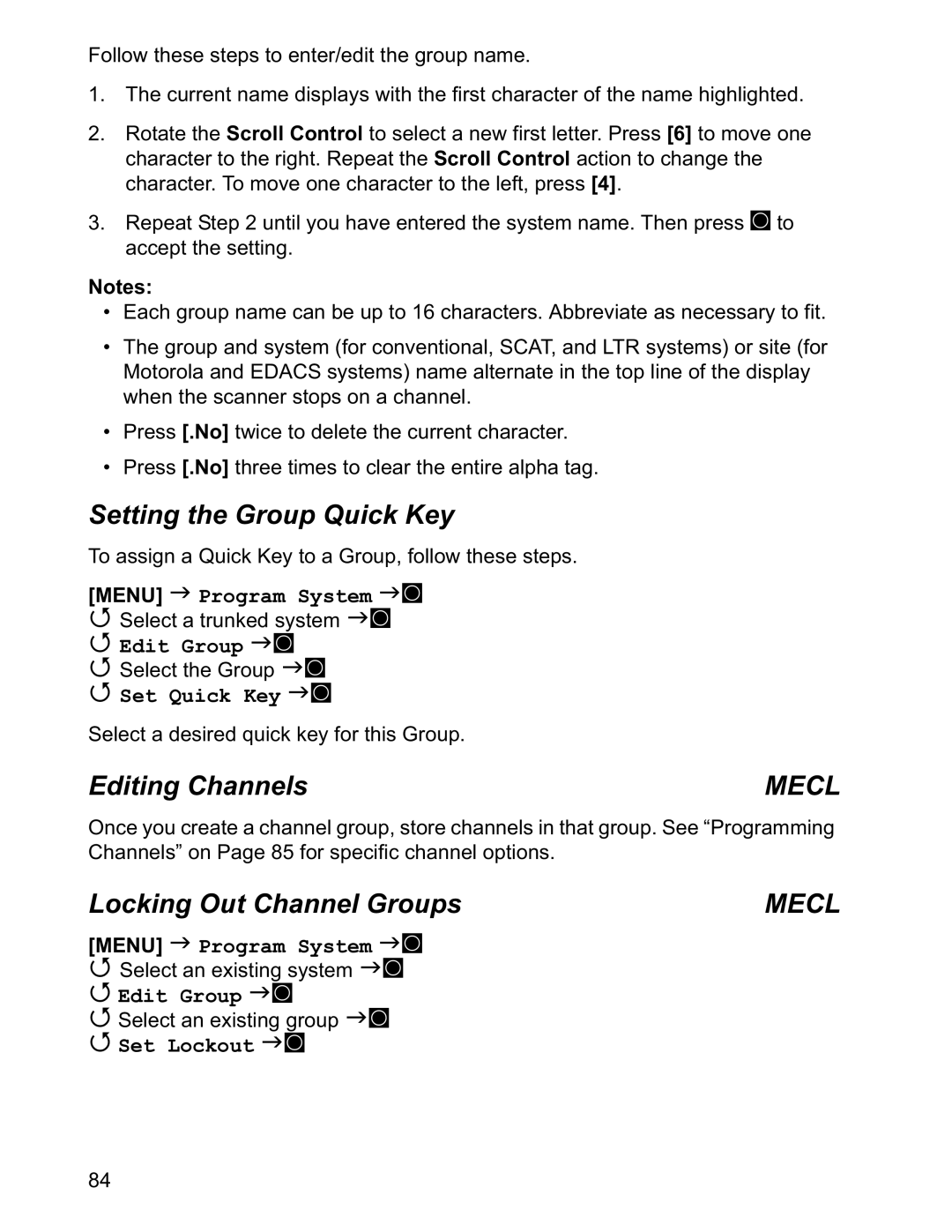 Uniden BCD996T manual Setting the Group Quick Key, Editing Channels, Locking Out Channel Groups 