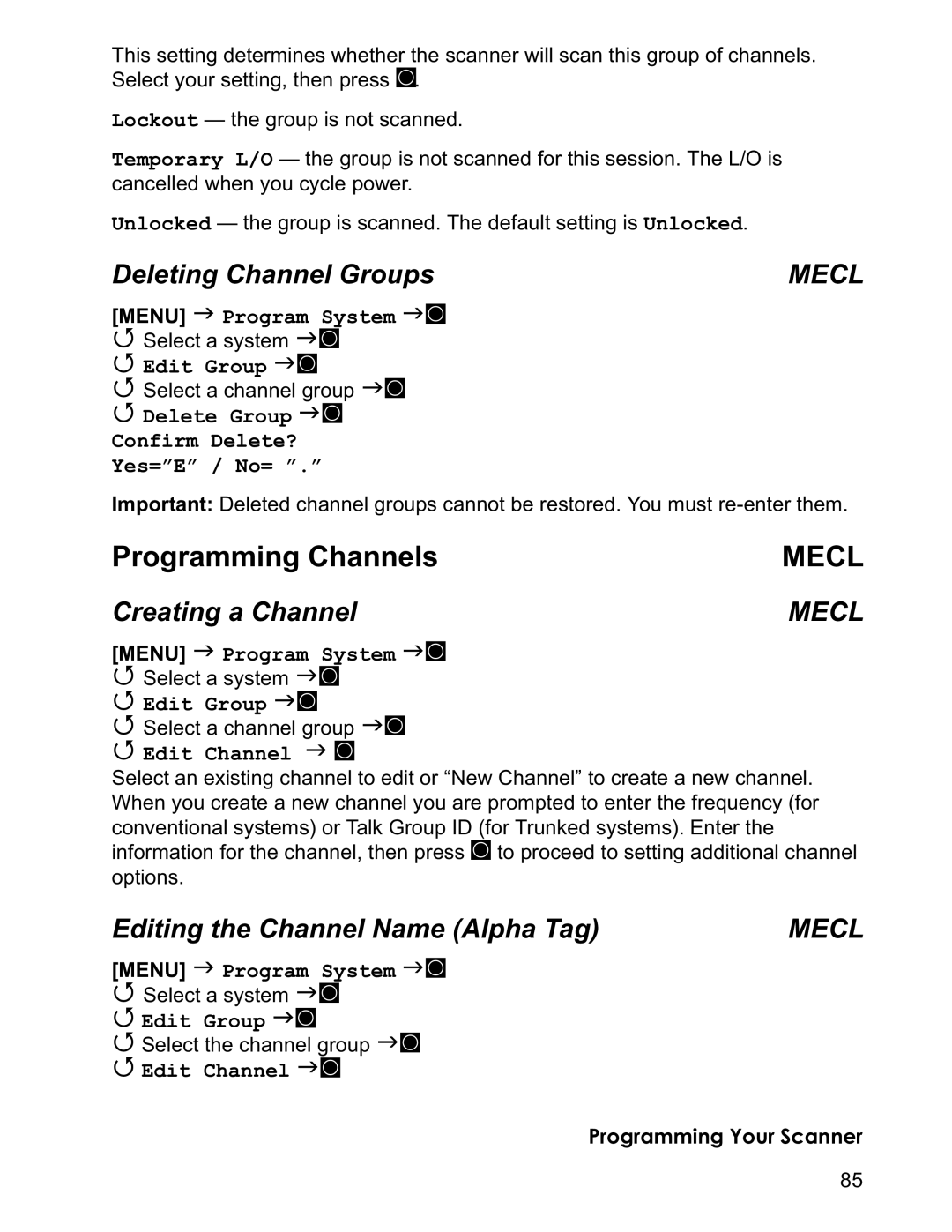 Uniden BCD996T manual Deleting Channel Groups, Creating a Channel, Editing the Channel Name Alpha Tag 