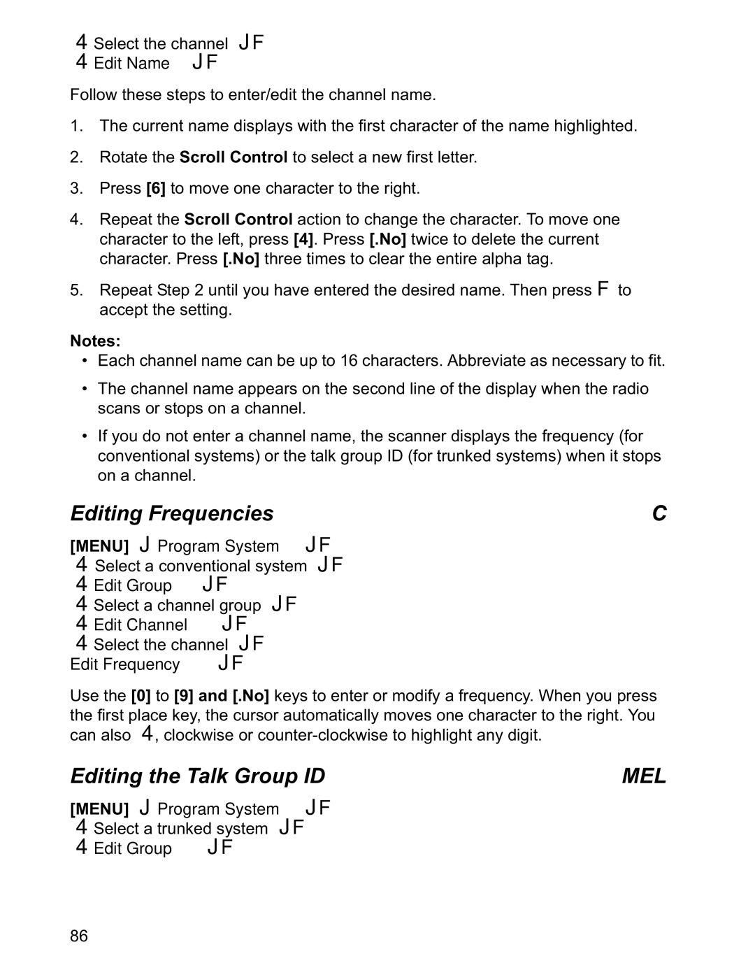 Uniden BCD996T manual Editing Frequencies, Editing the Talk Group ID, Edit Frequency JF 