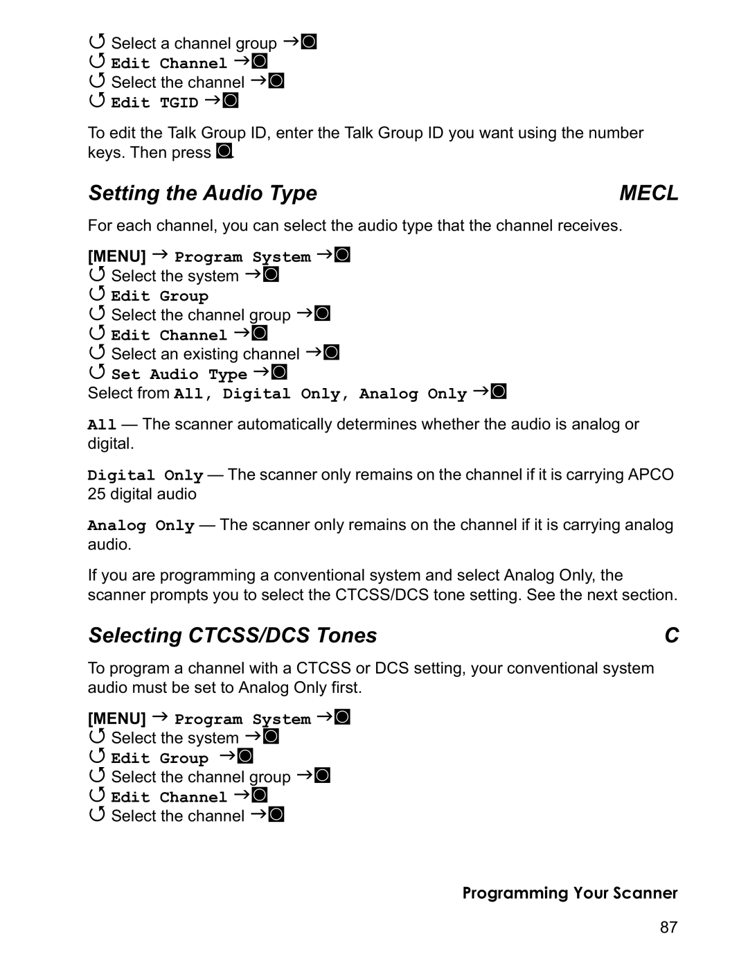 Uniden BCD996T manual Setting the Audio Type, Selecting CTCSS/DCS Tones, Edit Tgid JF, Edit Group 