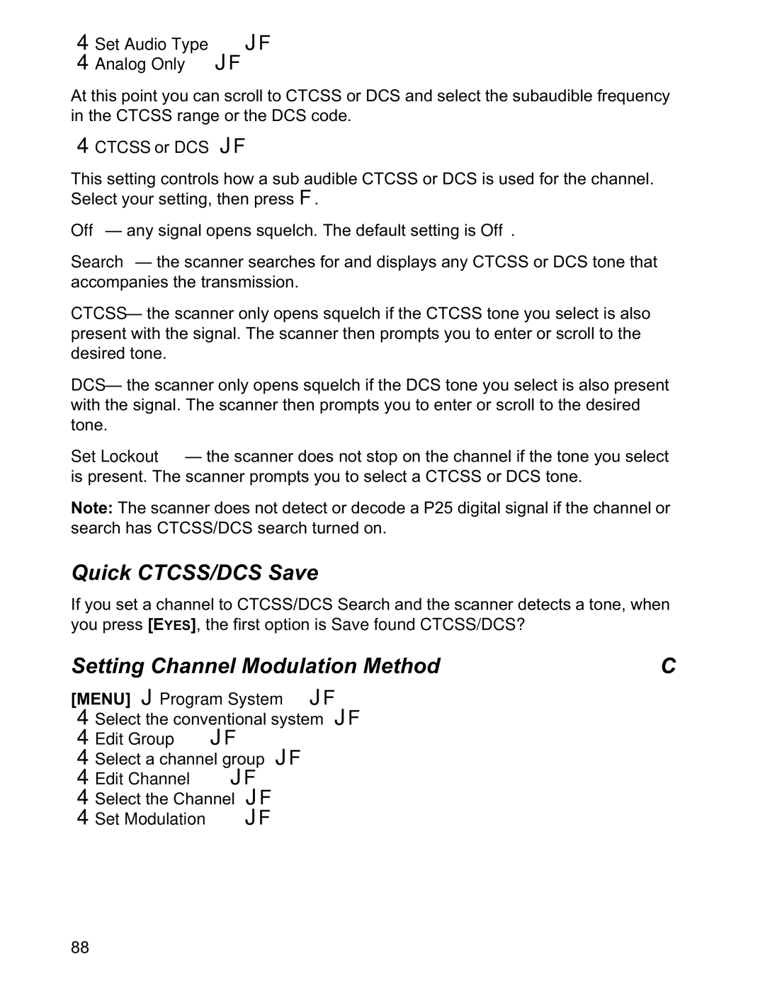 Uniden BCD996T Quick CTCSS/DCS Save, Setting Channel Modulation Method, Set Audio Type JF Analog Only JF, Ctcss or DCS JF 