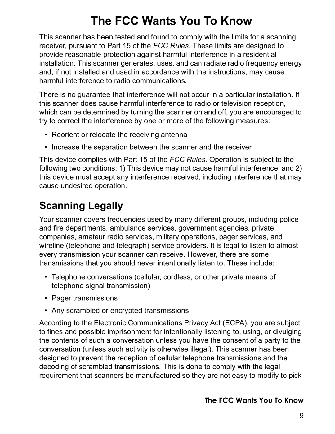 Uniden BCD996T manual FCC Wants You To Know, Scanning Legally 