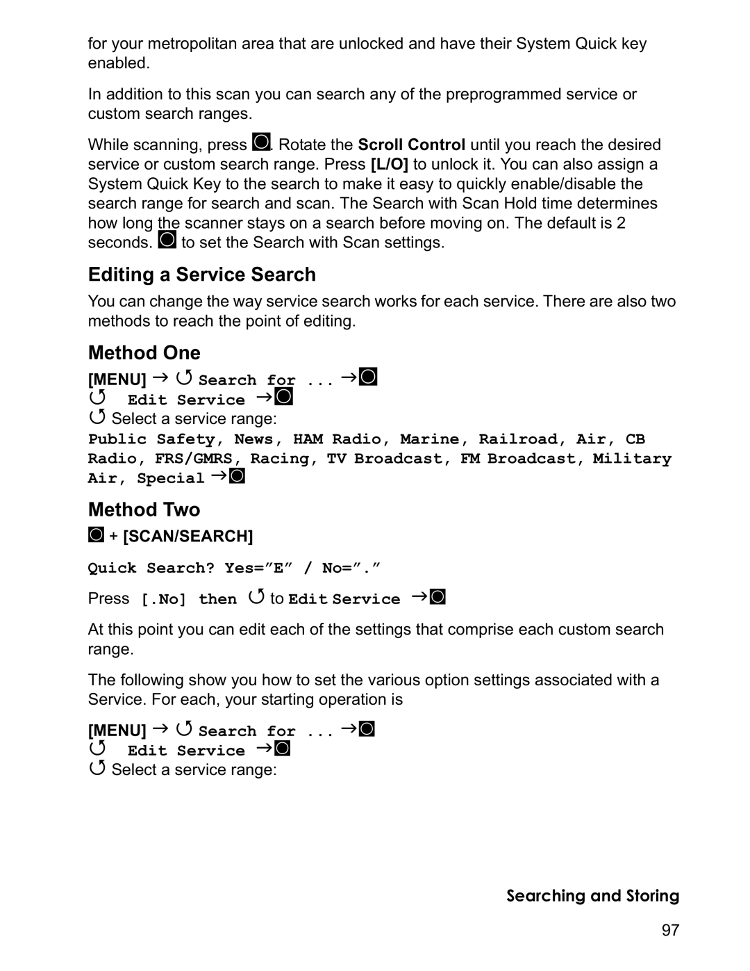 Uniden BCD996T manual Editing a Service Search, Method One, Method Two, Menu J 4 Search for ... JF Edit Service JF 