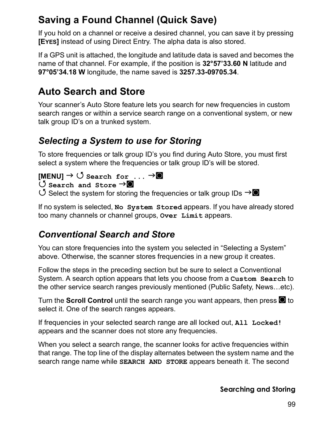 Uniden BCD996T manual Saving a Found Channel Quick Save, Auto Search and Store, Selecting a System to use for Storing 