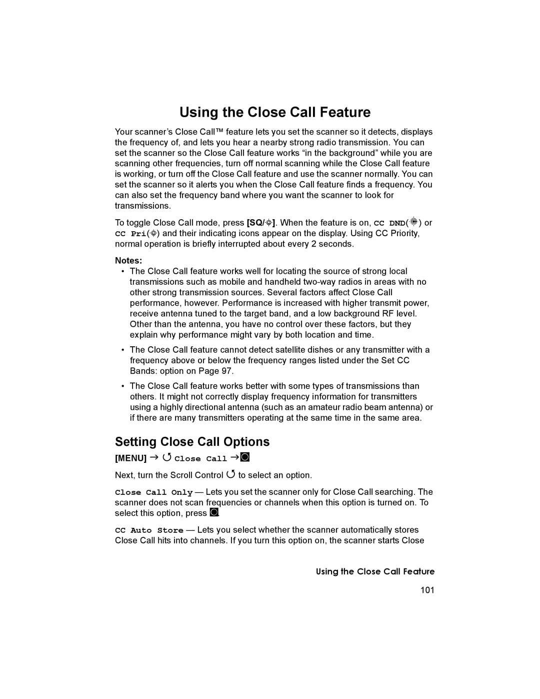 Uniden BCD996T manual Using the Close Call Feature, Setting Close Call Options, Menu Close Call F 