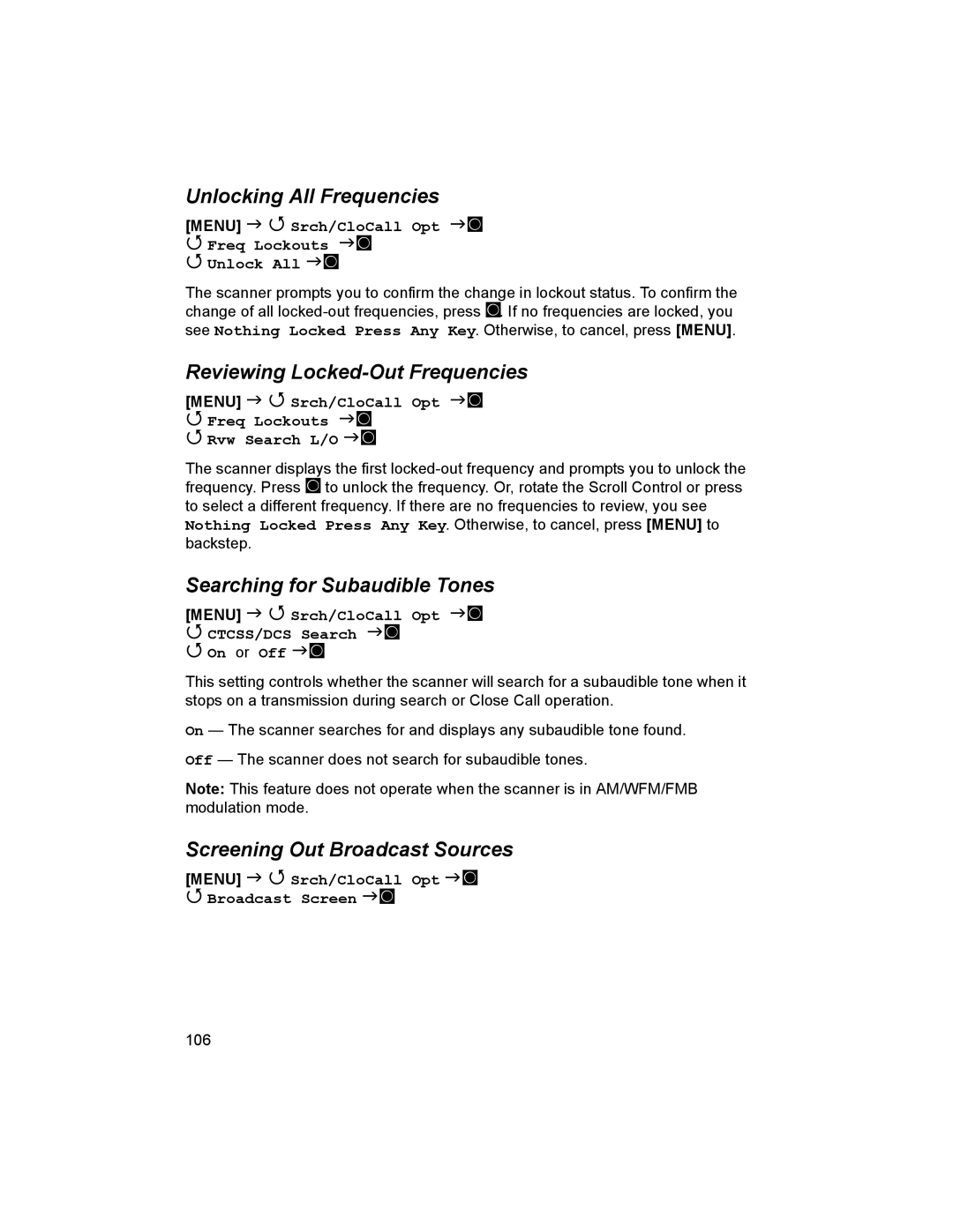 Uniden BCD996T manual Unlocking All Frequencies, Reviewing Locked-Out Frequencies, Searching for Subaudible Tones 