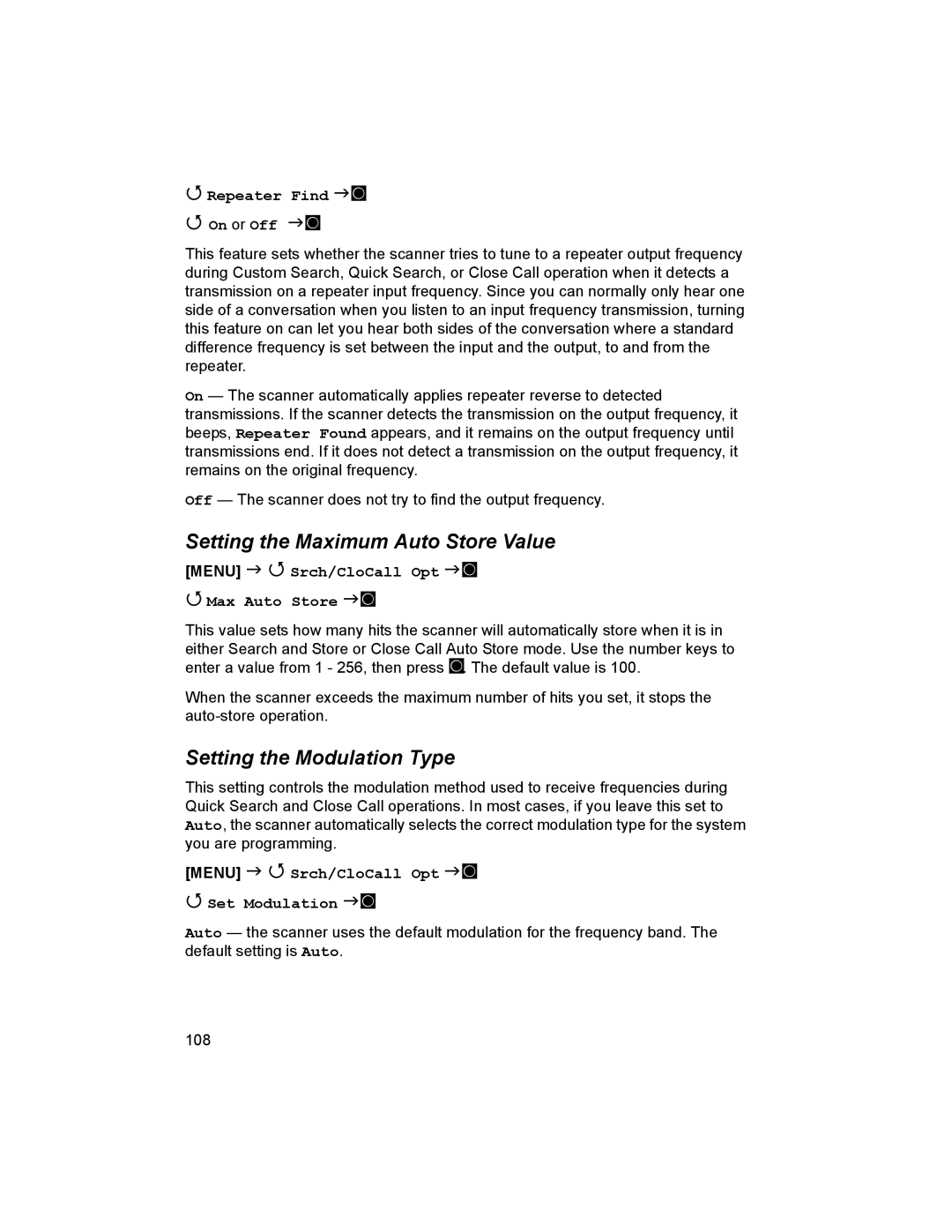Uniden BCD996T manual Setting the Maximum Auto Store Value, Setting the Modulation Type, Repeater Find F On or Off F 