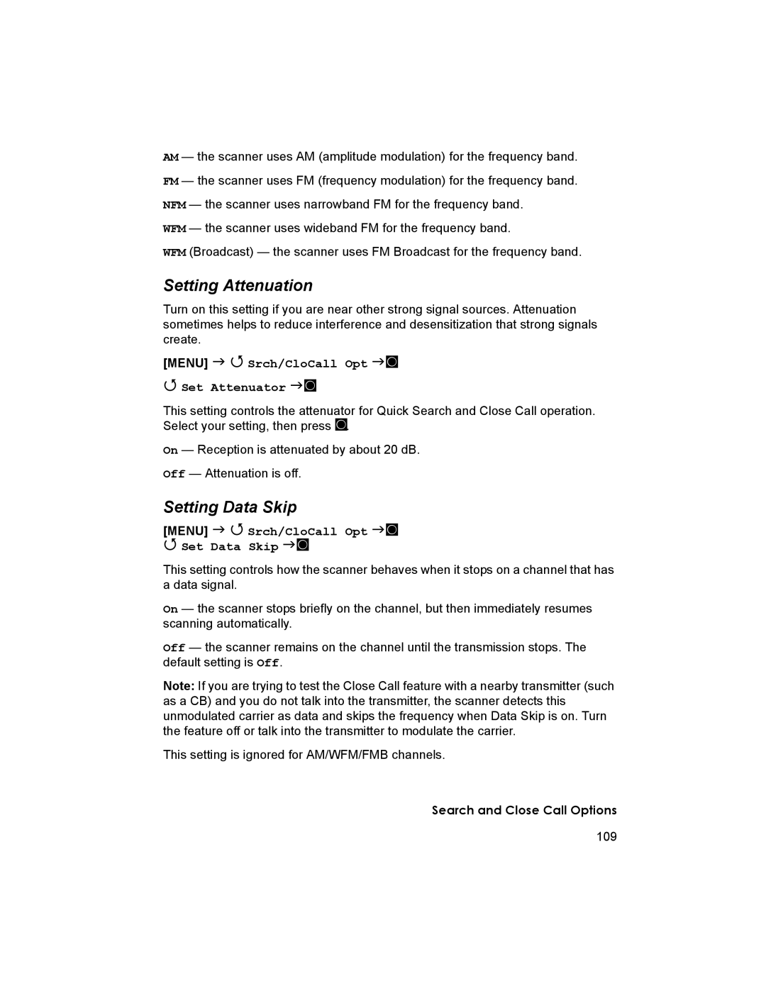 Uniden BCD996T manual Setting Attenuation, Setting Data Skip, Menu Srch/CloCall Opt F Set Attenuator F 