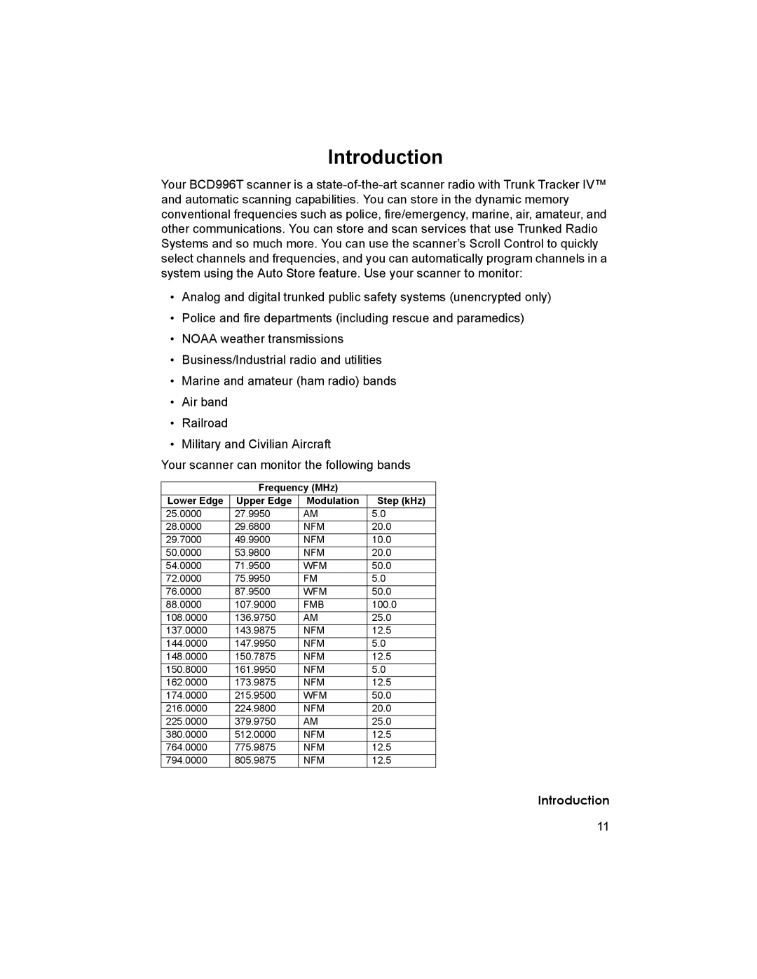 Uniden BCD996T manual Introduction, Frequency MHz Lower Edge Upper Edge Modulation Step kHz 