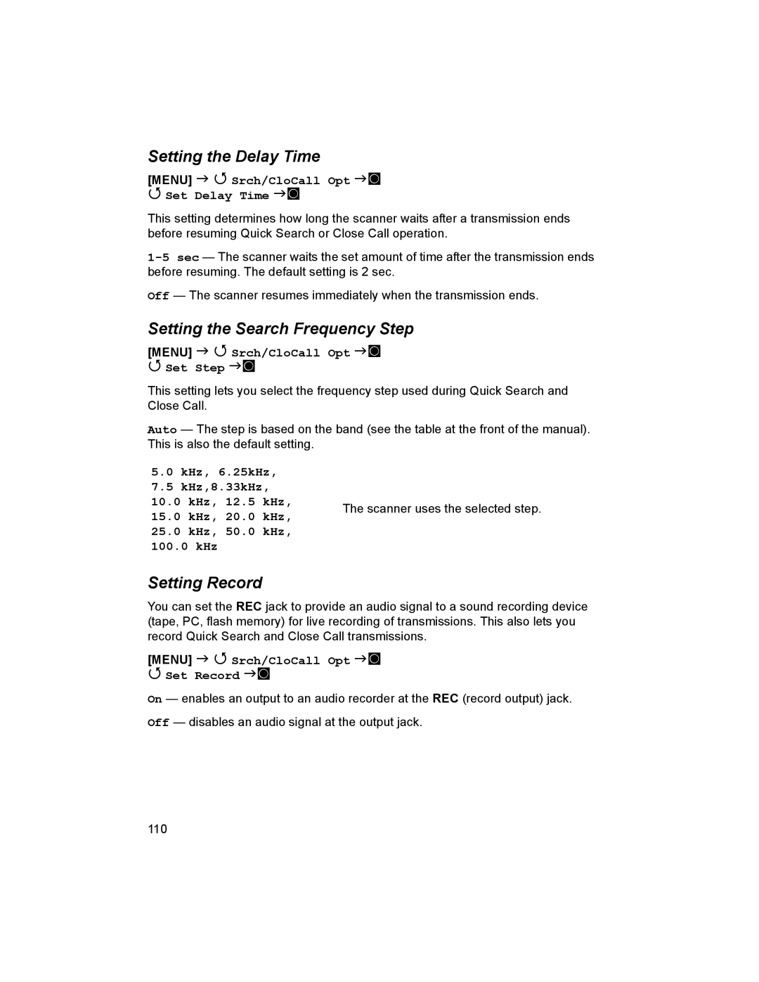 Uniden BCD996T manual Setting the Delay Time, Setting the Search Frequency Step, Setting Record 