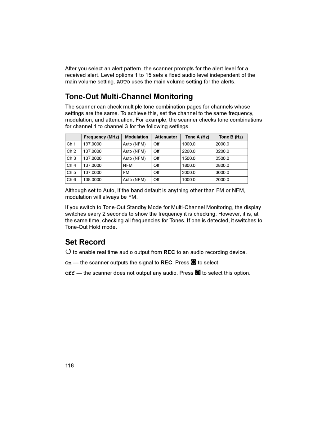 Uniden BCD996T manual Tone-Out Multi-Channel Monitoring, Frequency MHz Modulation Attenuator Tone a Hz Tone B Hz 