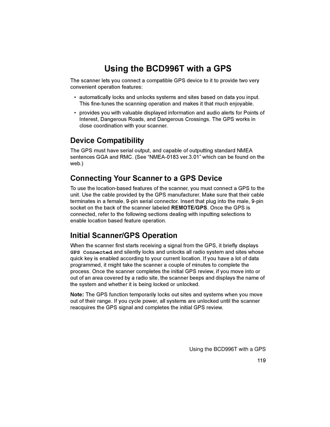 Uniden manual Using the BCD996T with a GPS, Device Compatibility, Connecting Your Scanner to a GPS Device 