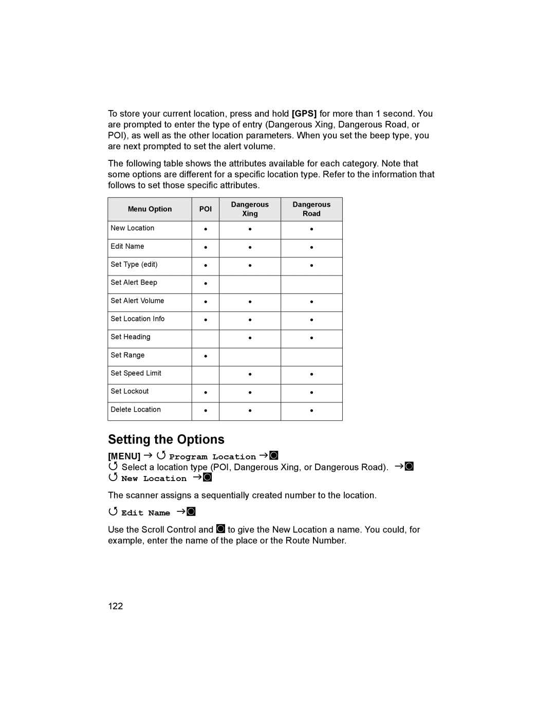 Uniden BCD996T manual Setting the Options, Menu Program Location F, Menu Option, Road 