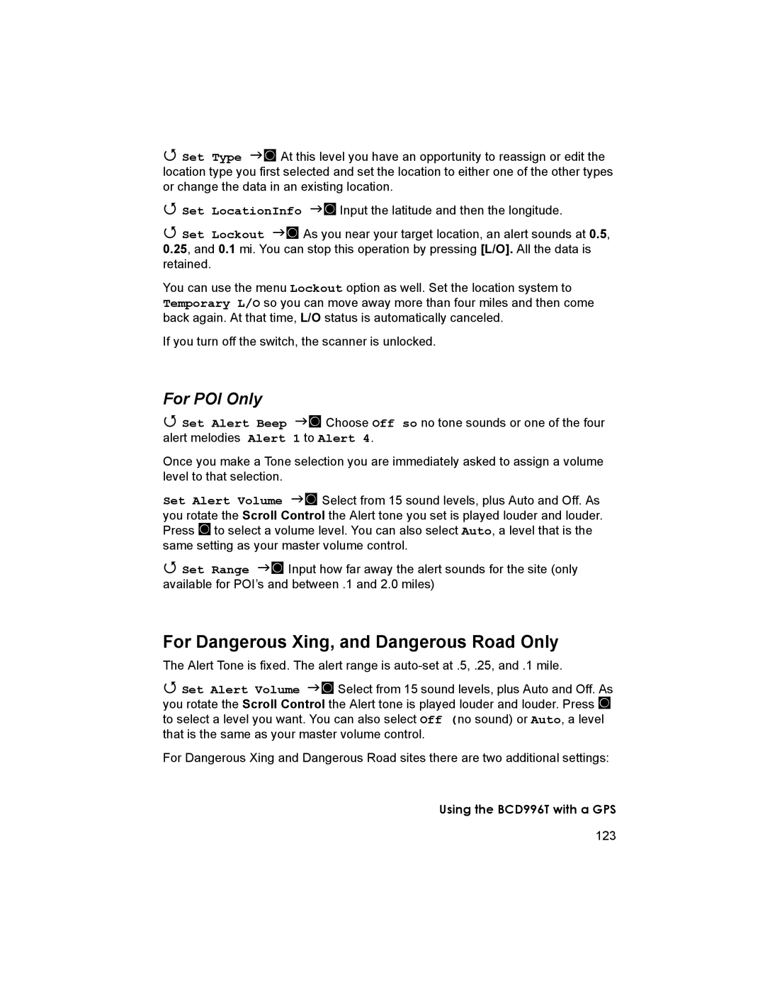 Uniden BCD996T manual For Dangerous Xing, and Dangerous Road Only, For POI Only 