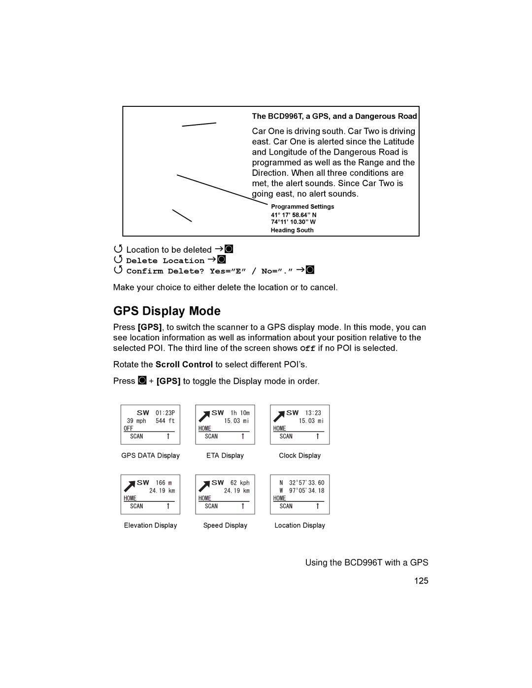 Uniden BCD996T manual GPS Display Mode, Delete Location Confirm Delete? Yes=E / No=. F 