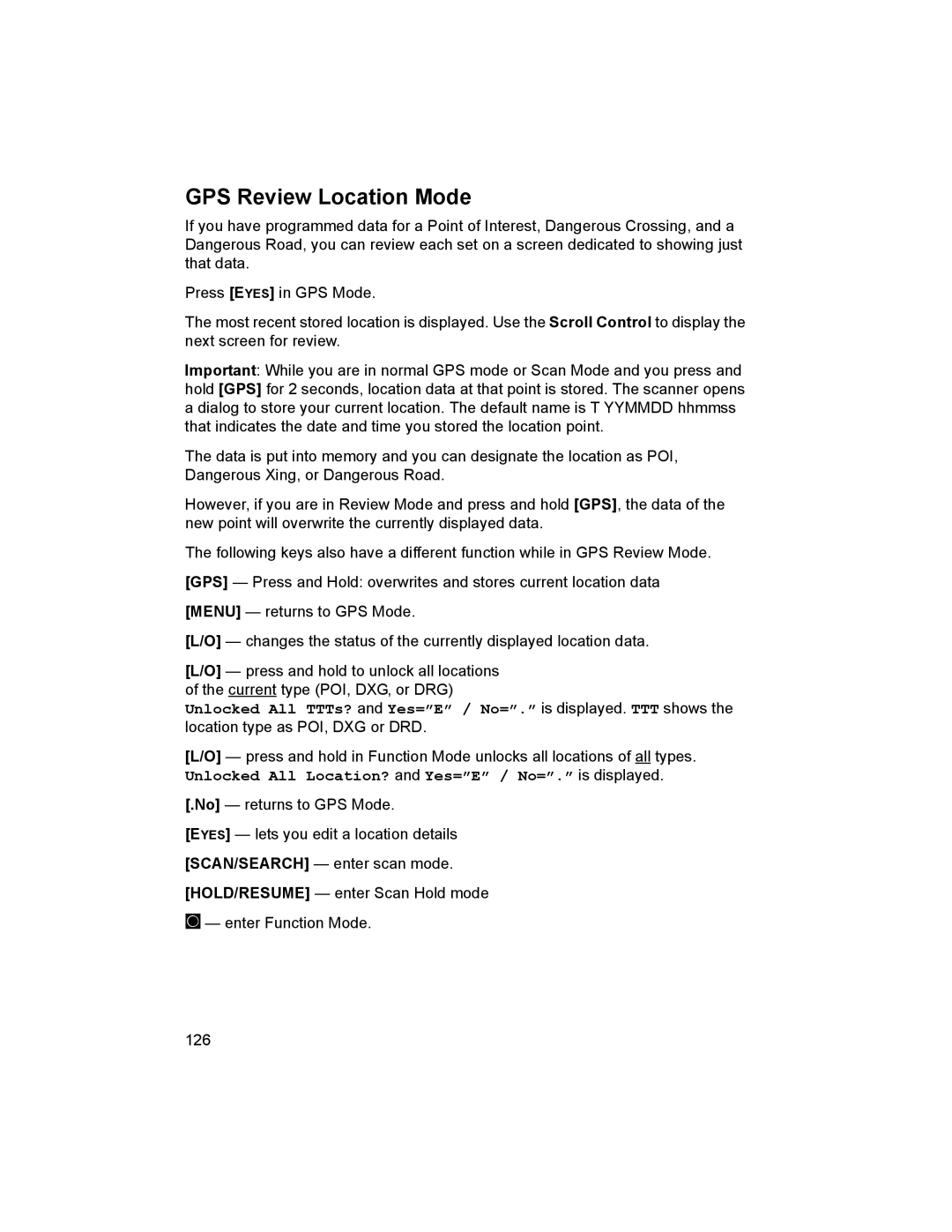 Uniden BCD996T manual GPS Review Location Mode 