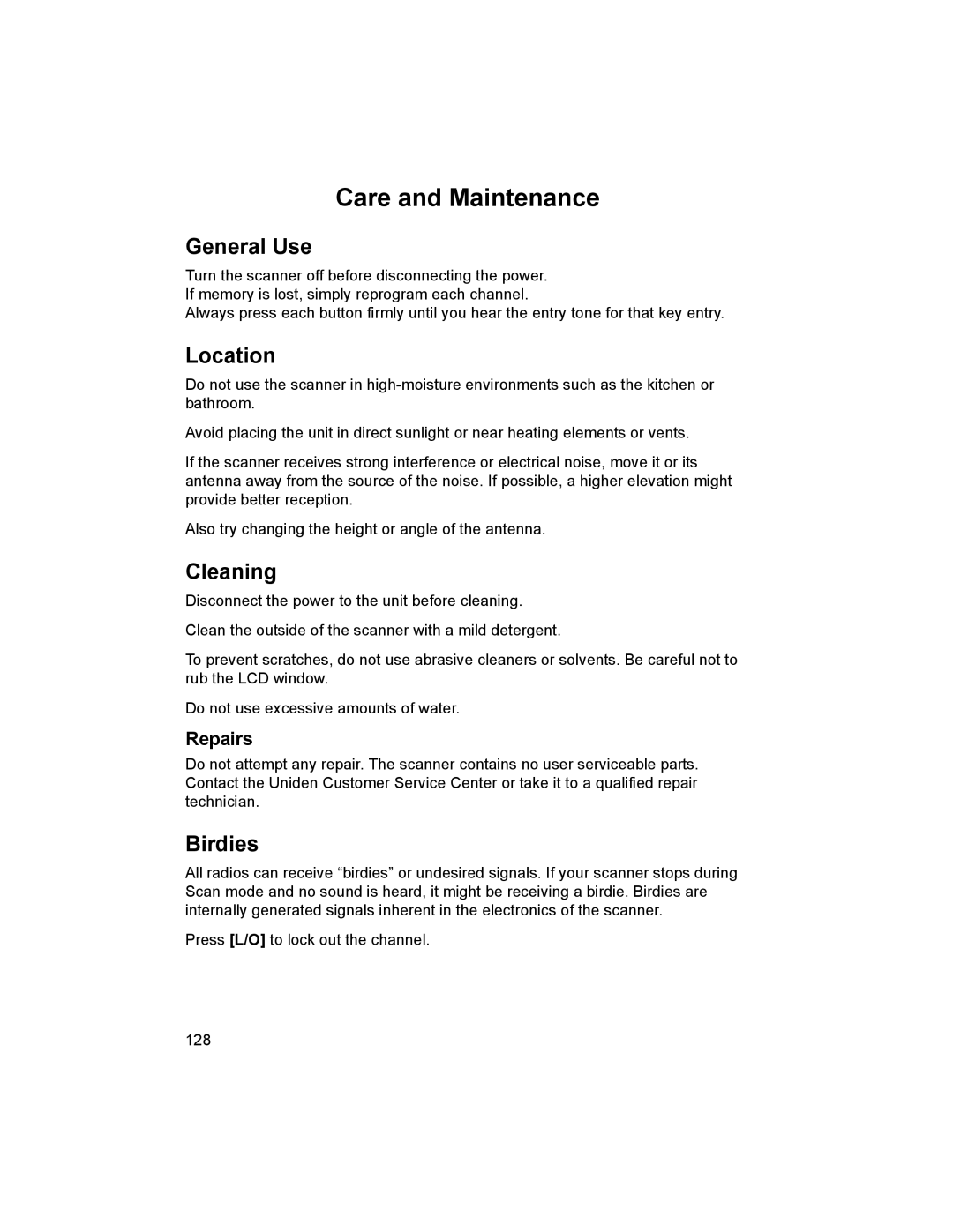 Uniden BCD996T manual Care and Maintenance, General Use, Location, Cleaning, Birdies 