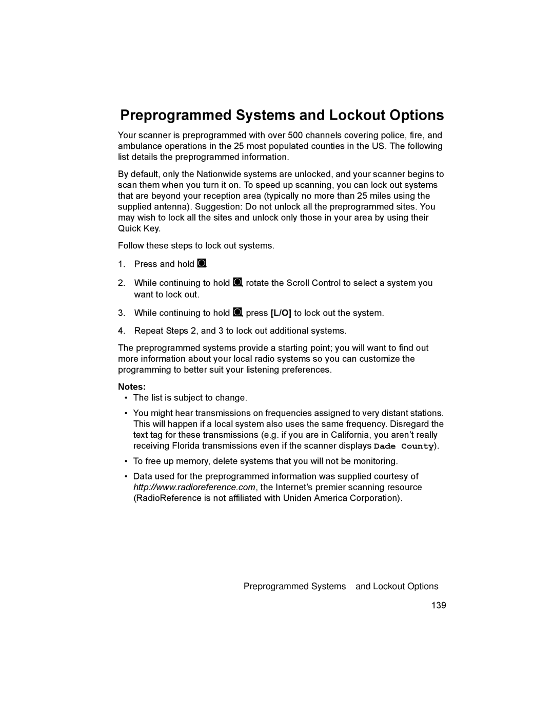 Uniden BCD996T manual Preprogrammed Systems and Lockout Options 