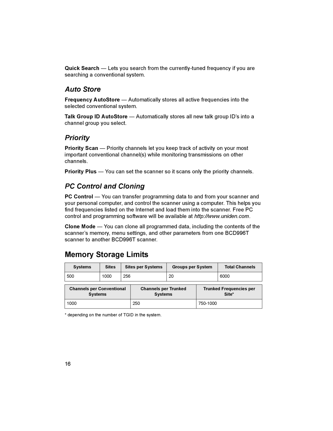 Uniden BCD996T manual Memory Storage Limits, Auto Store, Priority, PC Control and Cloning 