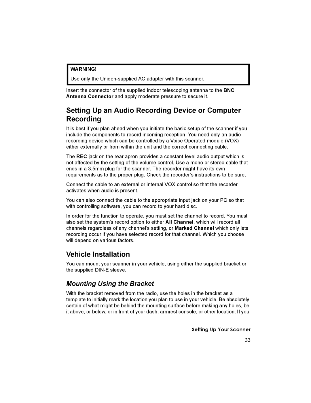 Uniden BCD996T manual Setting Up an Audio Recording Device or Computer Recording, Vehicle Installation 