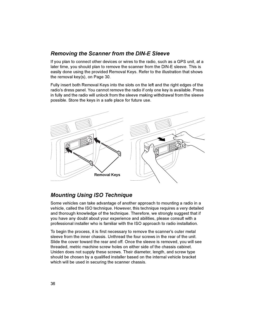 Uniden BCD996T manual Removing the Scanner from the DIN-E Sleeve, Mounting Using ISO Technique 