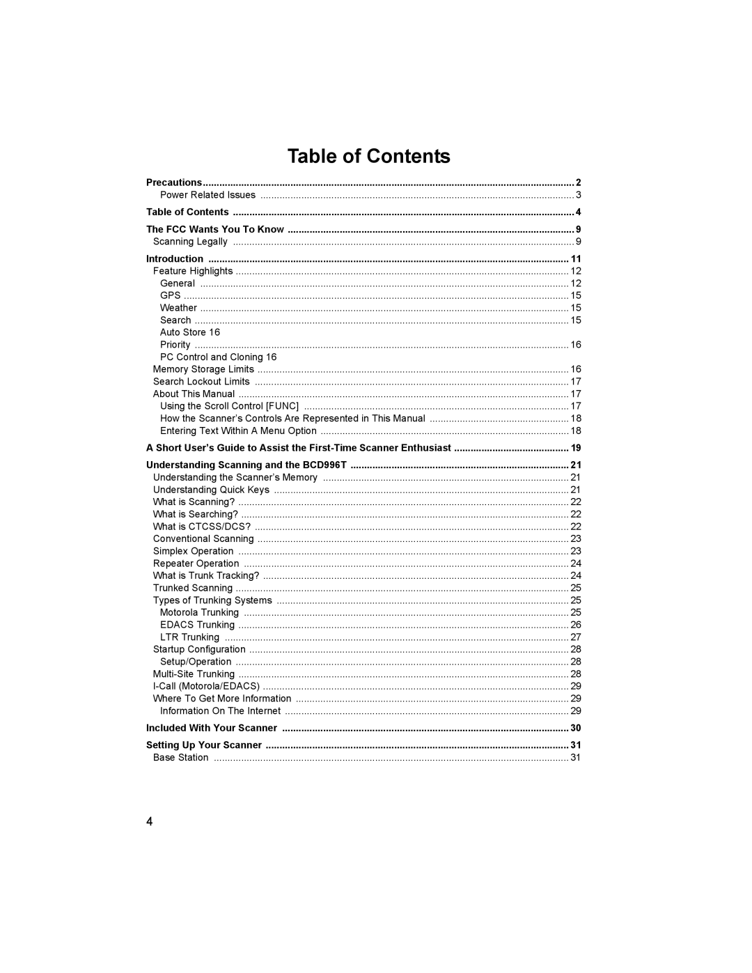 Uniden BCD996T manual Table of Contents 