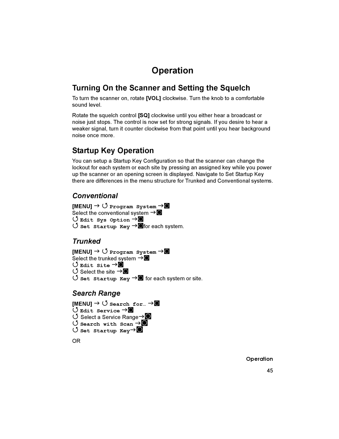 Uniden BCD996T manual Turning On the Scanner and Setting the Squelch, Startup Key Operation 