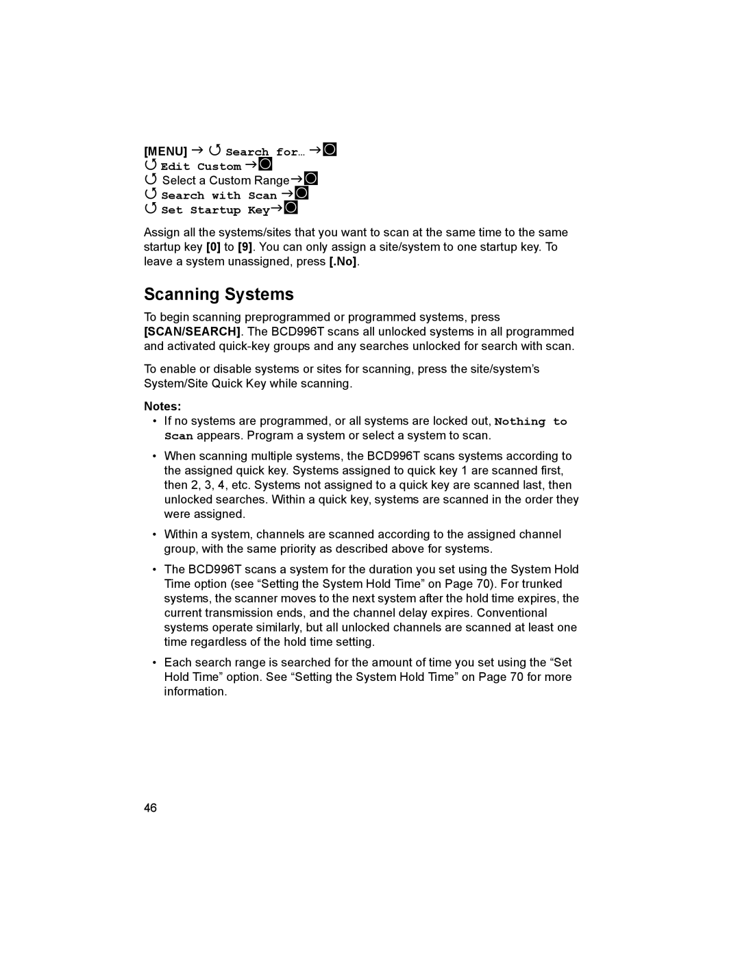 Uniden BCD996T manual Scanning Systems, Menu Search for… F Edit Custom F, Search with Scan F Set Startup Key F 