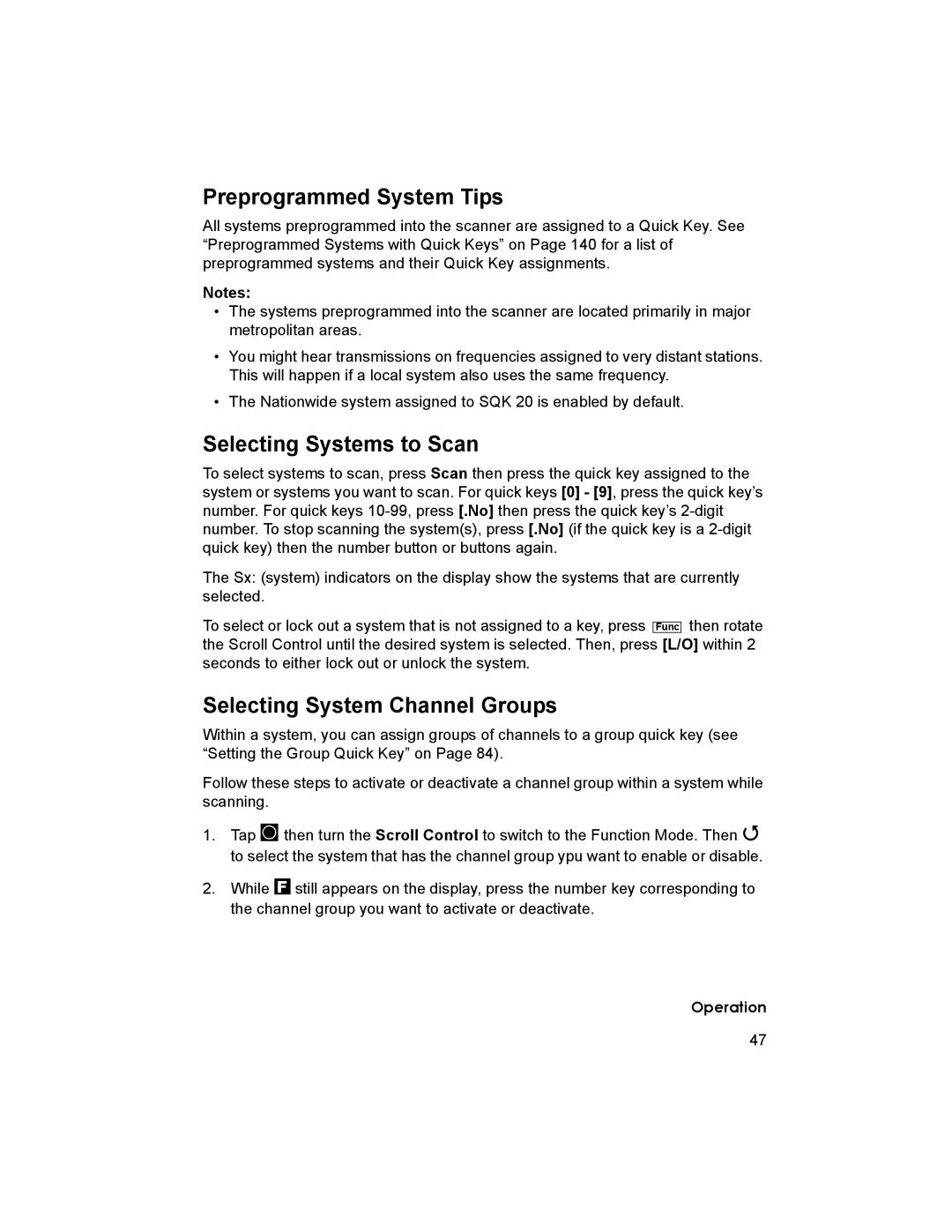 Uniden BCD996T manual Preprogrammed System Tips, Selecting Systems to Scan, Selecting System Channel Groups 