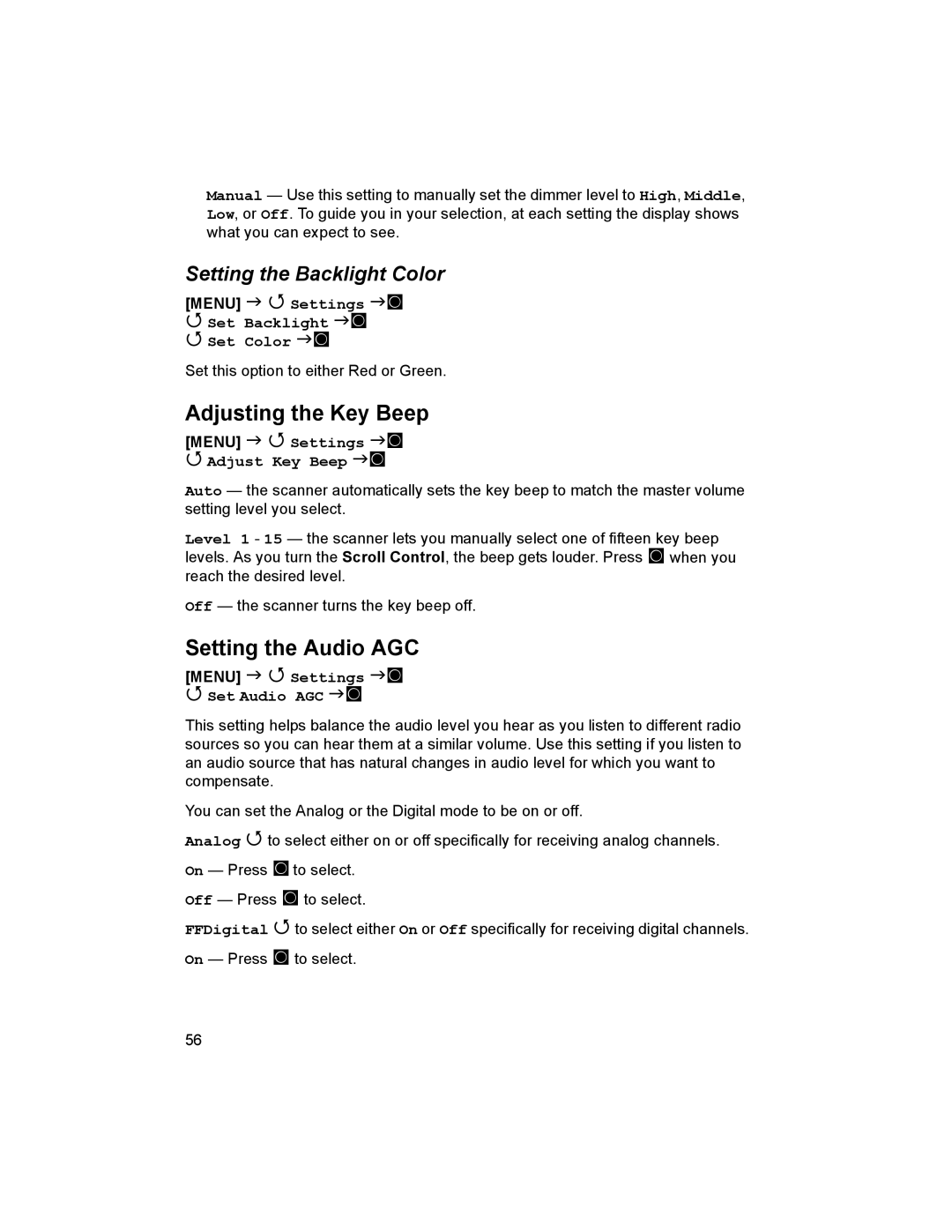 Uniden BCD996T manual Adjusting the Key Beep, Setting the Audio AGC, Setting the Backlight Color 