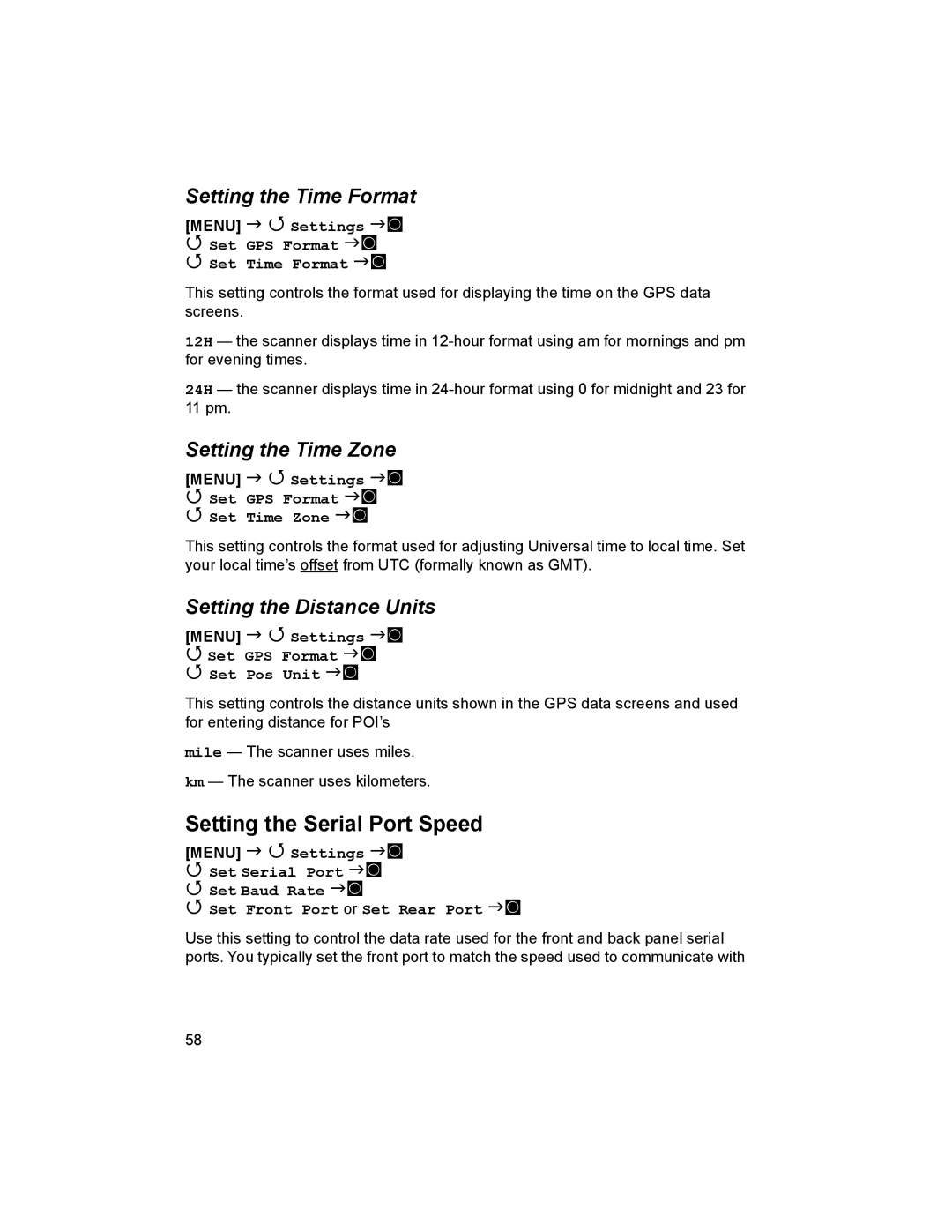 Uniden BCD996T Setting the Serial Port Speed, Setting the Time Format, Setting the Time Zone, Setting the Distance Units 