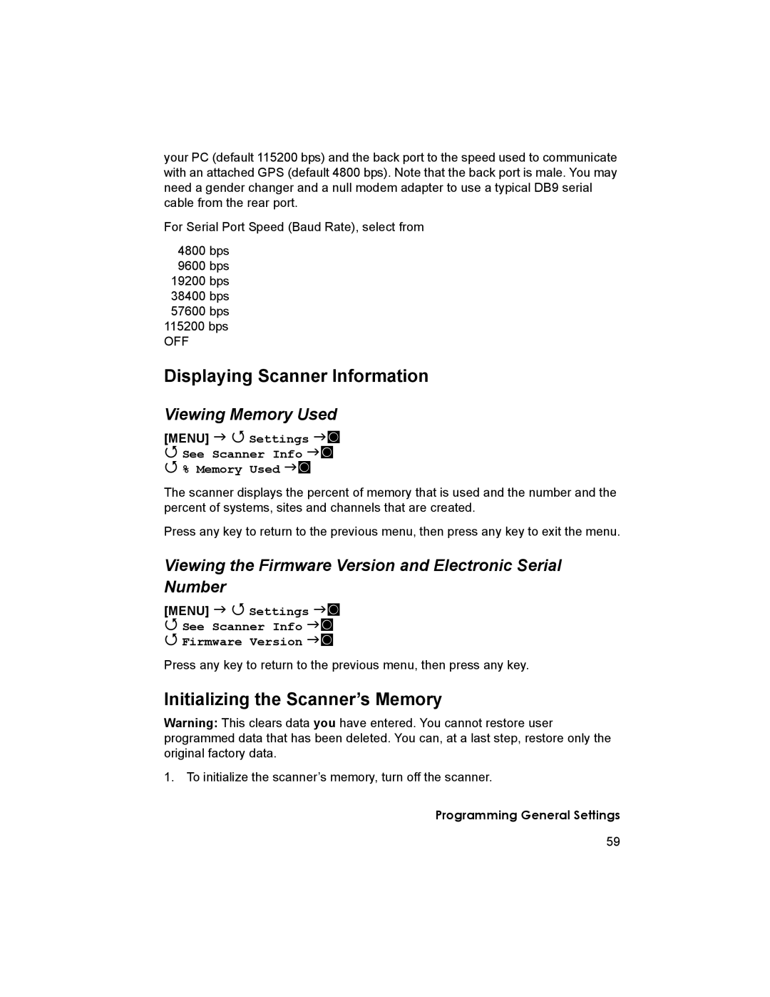 Uniden BCD996T manual Displaying Scanner Information, Initializing the Scanner’s Memory, Viewing Memory Used 