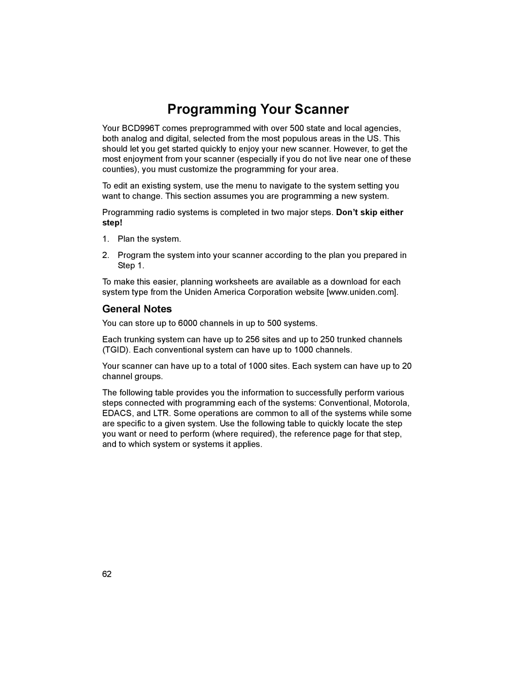 Uniden BCD996T manual Programming Your Scanner, General Notes 