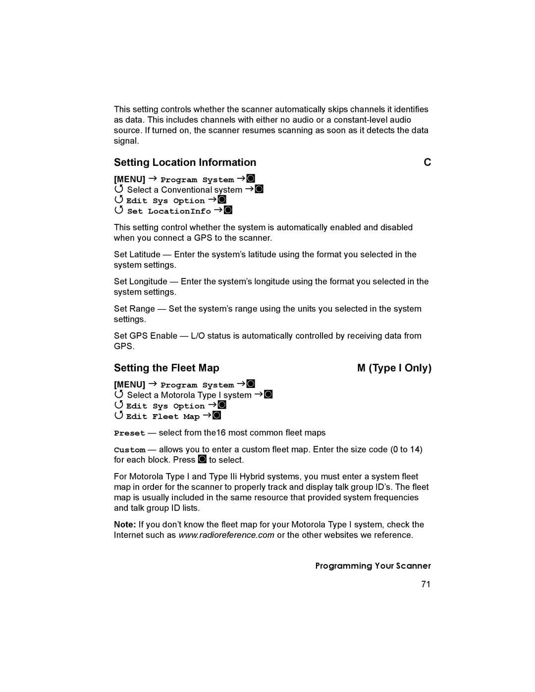 Uniden BCD996T manual Setting Location Information, Setting the Fleet Map Type I Only, Edit Sys Option Set LocationInfo 