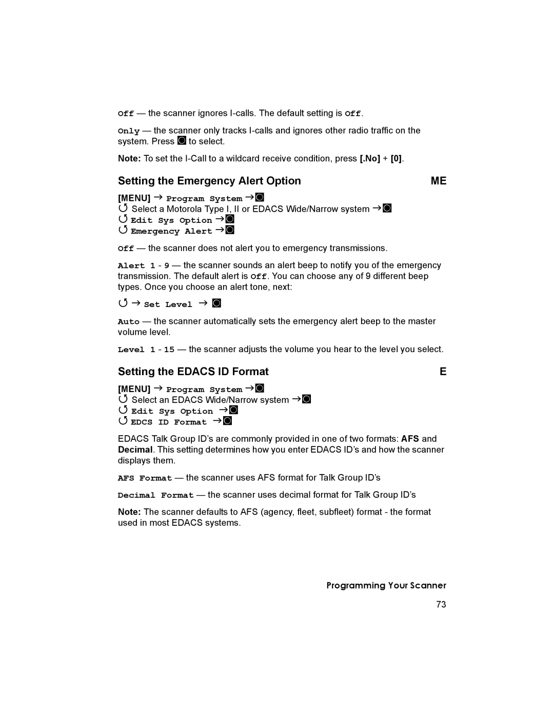 Uniden BCD996T manual Setting the Emergency Alert Option, Setting the Edacs ID Format, Edit Sys Option Emergency Alert 