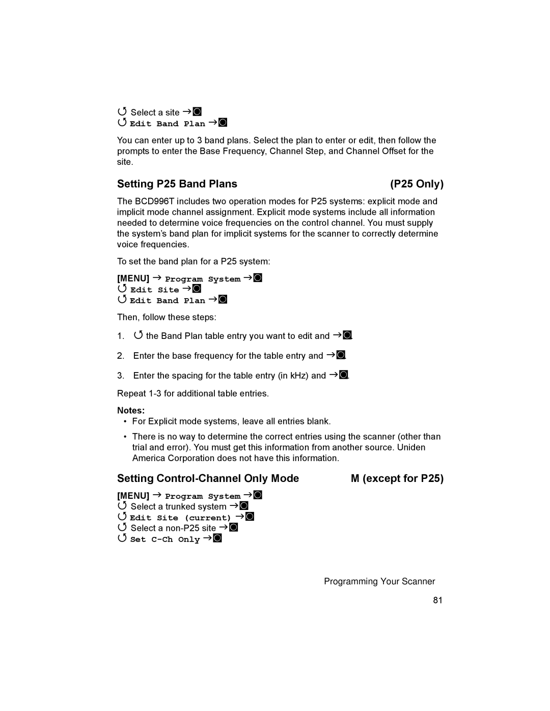 Uniden BCD996T manual Setting P25 Band Plans P25 Only, Setting Control-Channel Only Mode Except for P25 