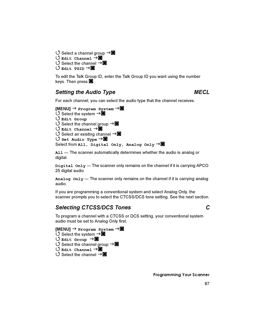 Uniden BCD996T manual Setting the Audio Type, Selecting CTCSS/DCS Tones, Edit 