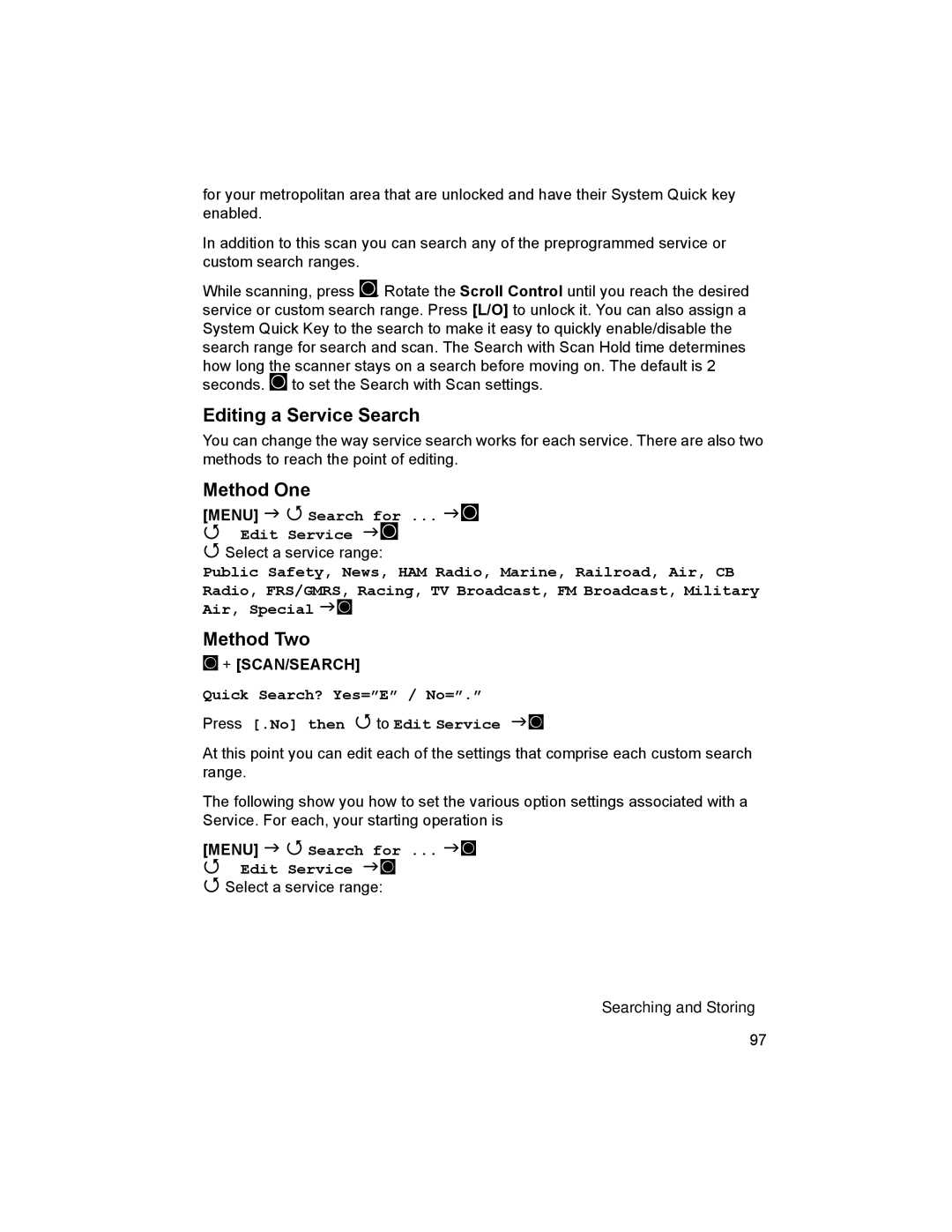 Uniden BCD996T manual Editing a Service Search, Method One, Method Two, Menu Search for ... F Edit Service F 