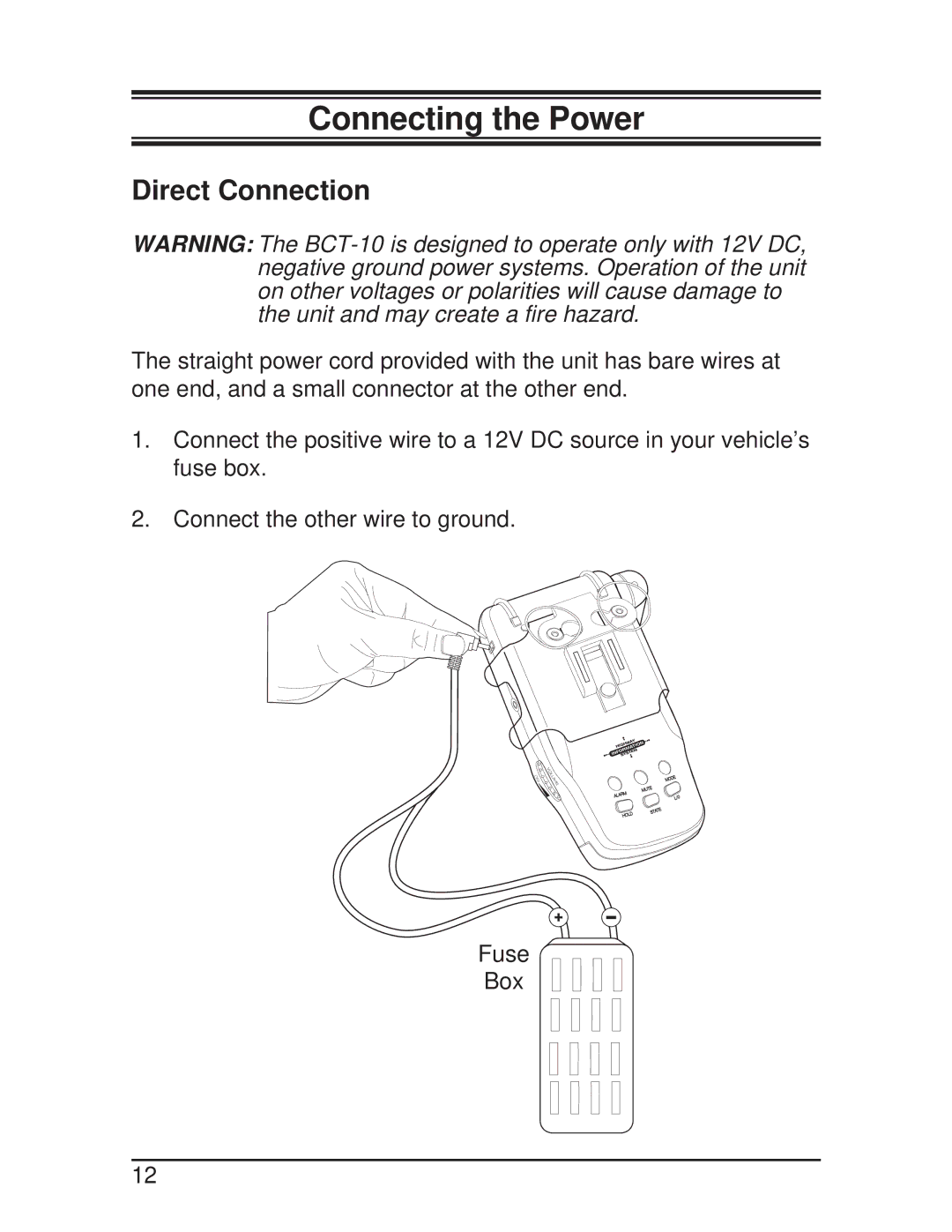 Uniden BCT-10 manual Connecting the Power, Direct Connection 