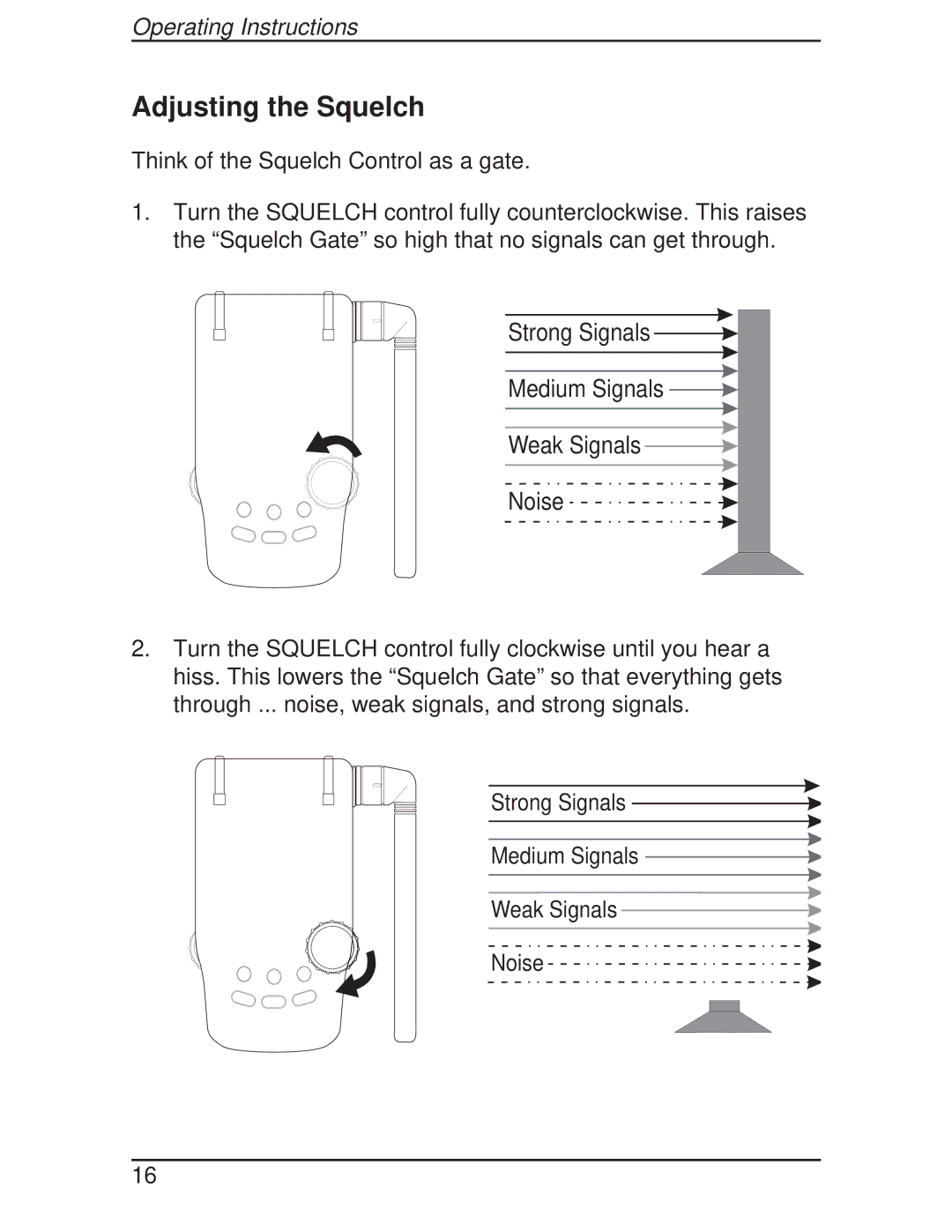 Uniden BCT-10 manual Adjusting the Squelch, Strong Signals Medium Signals Weak Signals Noise 