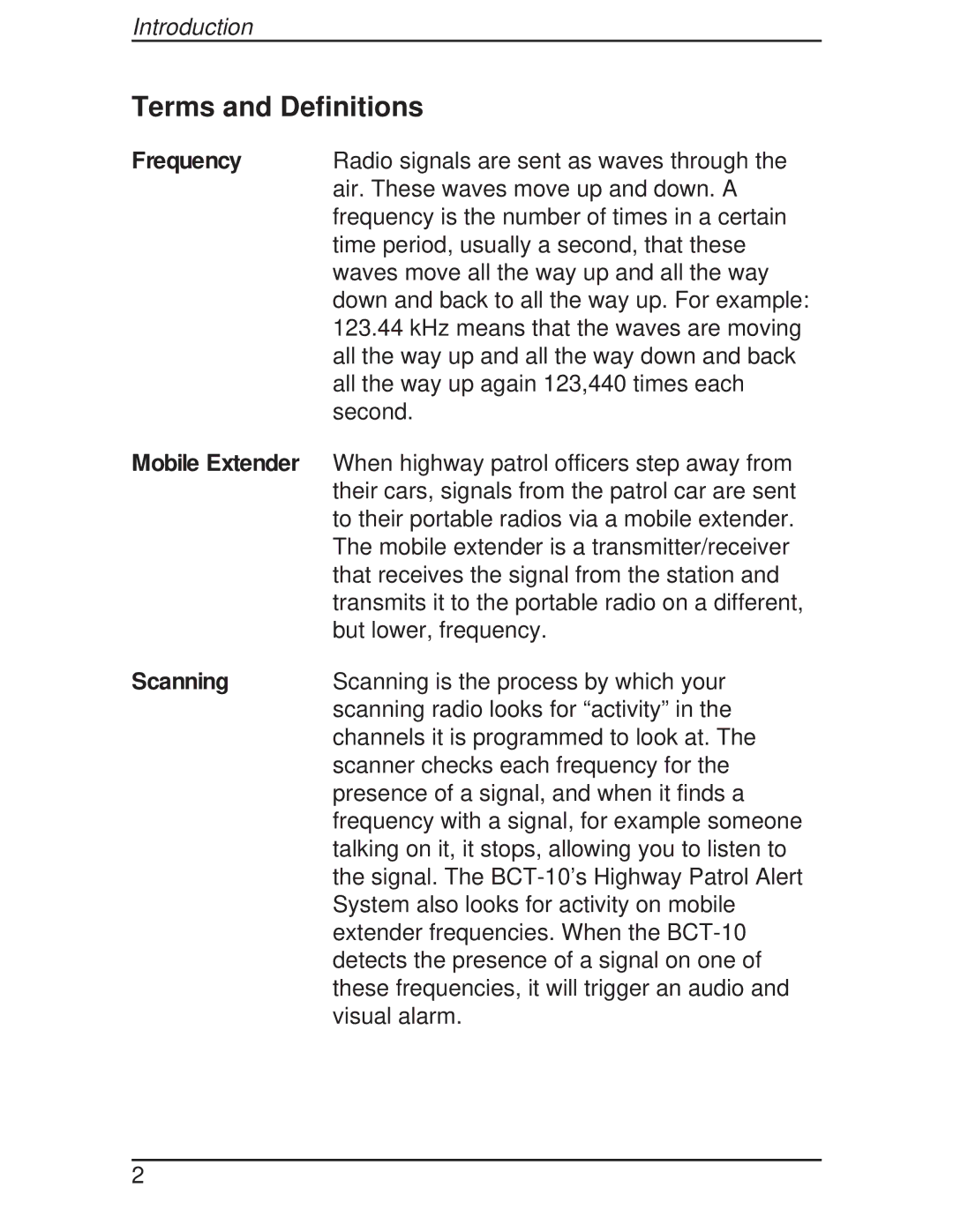 Uniden BCT-10 manual Terms and Definitions, Frequency, Mobile Extender, Scanning 